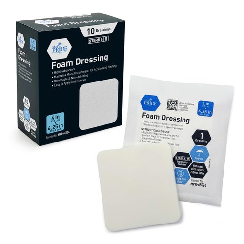 MED PRIDE Foam Dressings -10 Pack, 4'' X 4.25'' - Sterile, Hydrophilic, Highly Absorbent- Soft, Non-Adhesive Pads, Waterproof Dressing for Wound Care & Ulcers, Post Op Trauma + Injuries