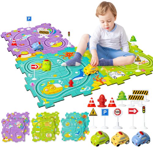 Marlo & Buzz Puzzle Racer Kids Car Track Play Set, Themed Educational Puzzles Racers Tracks with Electric Vehicles for 3+ Childrens (3 Theme (Ocean, City, Galaxy) (24-Piece Set)