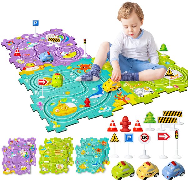 Marlo & Buzz Puzzle Racer Kids Car Track Play Set, Themed Educational Puzzles Racers Tracks with Electric Vehicles for 3+ Childrens (3 Theme (Ocean, City, Galaxy) (24-Piece Set)