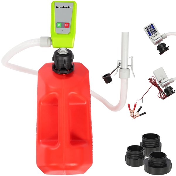 Humberto Fuel Transfer Pump, Auto-Stop Gas Can Pump, 3.2GPM, AA Battery/DC 2 Power Modes, 3 Adapters for Most Gas Cans, Extra Long Hose, Portable Gas Pump for Gasoline, Diesel, Oil, etc