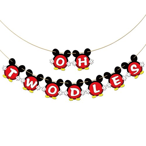Dalaber Oh Twodles Banner, Happy 2nd Birthday Party Decor for Boys, Red Mouse 2nd Birthday Party Decorations Supplies, Red,Black