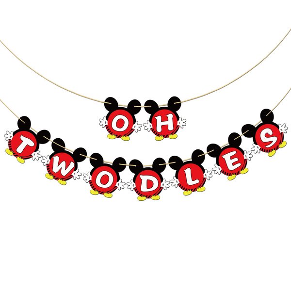 Dalaber Oh Twodles Banner, Happy 2nd Birthday Party Decor for Boys, Red Mouse 2nd Birthday Party Decorations Supplies, Red,Black