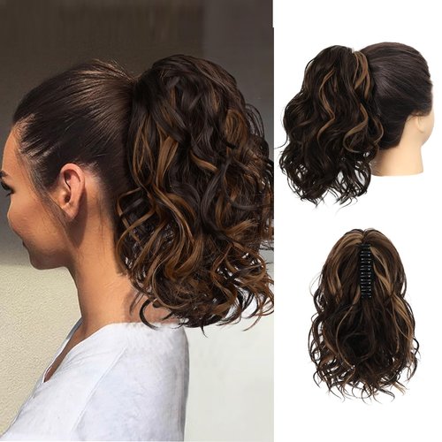 Ponytail Extension, 10" Short Curly Wavy Pony Tails Hair Extension Invisible Claw Clip in Ponytail Hair Extensions Synthetic Updo Hairpieces for Women