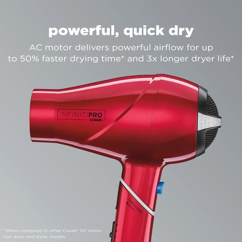 INFINITIPRO BY CONAIR Travel Hair Dryer, 1875W Compact Travel Hair Dryer with Twist Folding Handle, Conair Blow Dryer, Red