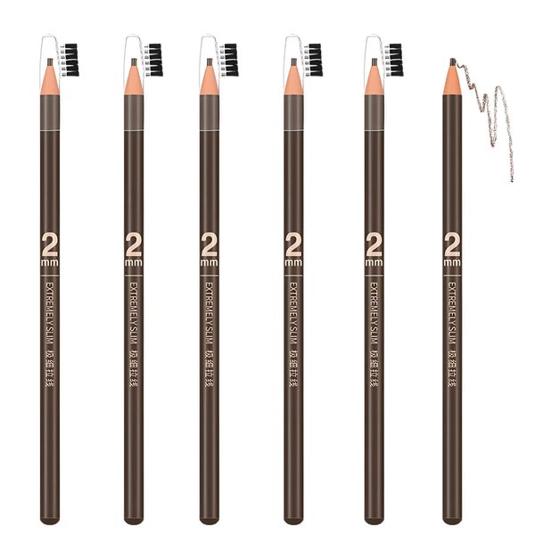 6pcs 2mm Ultra-Thin Eyebrow Pencil with Brush Waterproof Long-Lasting Slim Eyebrow Pencil Peel off Microblading Mapping Pencils (#02 Light Brown)