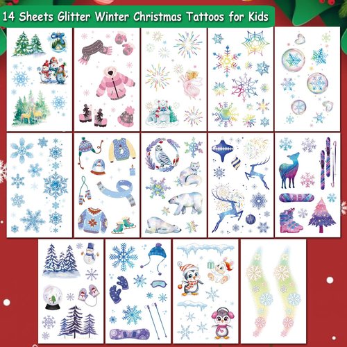 CHARLENT Glitter Winter Theme Temporary Tattoos for Kids - 14 Sheets Glitter Winter Christmas Snowflake Penguin Tattoos for Boys Girls Xmas Party Favors