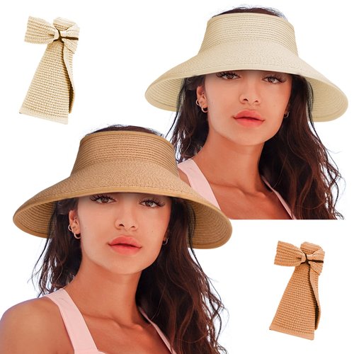 Women's Sun Visor Hats Wide Brim Straw Beach Hat Ponytail Hats for Women Foldable Floppy