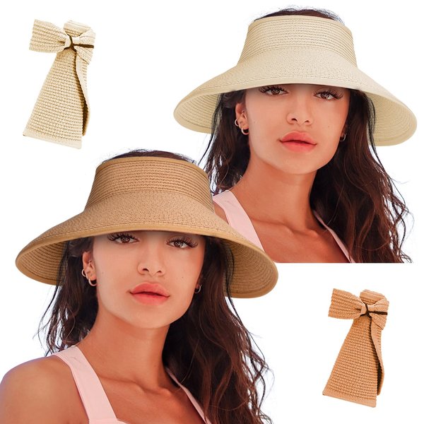 Women's Sun Visor Hats Wide Brim Straw Beach Hat Ponytail Hats for Women Foldable Floppy