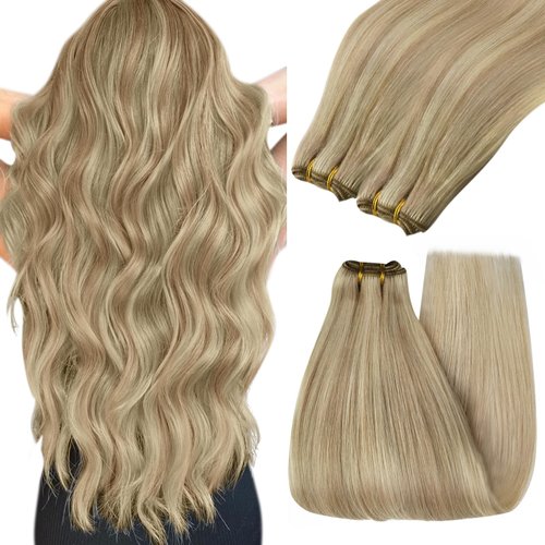 YoungSee 100G Weft Hair Extensions Human Hair Highlight Sew in Hair Extensions Straight Weft Extensions Human Hair Golden Blonde Highlighted Dark Ash Blonde Hair Extensions Sew in 14Inch