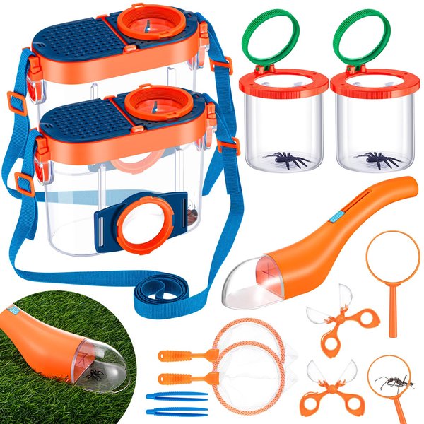 Flutesan 2 Sets Bug Catcher Kits 14 Pcs Insect Outdoor Toys with Magnifying Glass, Butterfly Net, Critter Box, Clip, Tweezer, Observation Jar, Habitat Bucket for Boys Girls Summer Catching Gifts