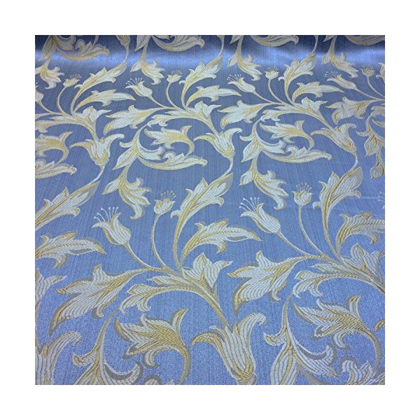 Jacquard Damask Bloom Brocade Fabric 118'' Wide (Baby Blue/Gold)