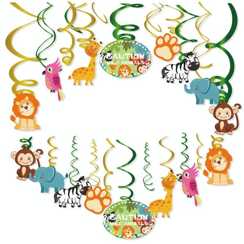 Kristin Paradise 30Ct Safari Animals Hanging Swirl Decorations, Jungle Party Supplies, Wild Birthday Theme Decor for Boy Girl Baby Shower, Tribal 1st Bday Favors Idea