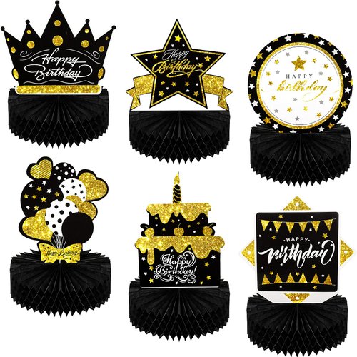Skylety 6 Pcs Happy Birthday Party Decorations Black Gold Table Toppers Party Supplies Birthday Honeycomb Table Centerpieces Reusable Elegant for Men and Woman Birthday Party Supplies