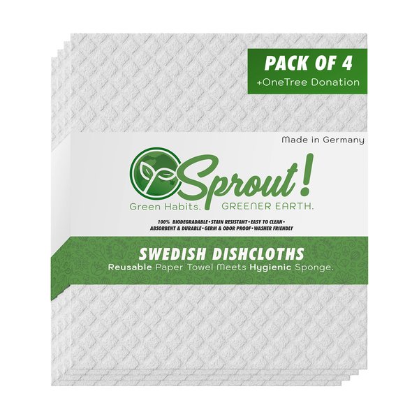 Sprout! Swedish Dishcloths for Kitchen, Household & Commercial Cleaning | Durable & Reusable Cellulose Sponge Cloths | Absorbent & Hygienic Paper Towel Replacement | White | 4 Pack