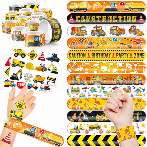 48 Construction 24PCS Construction Temporary Tattoos Sticker 24PCS Slap Bracelets Perfect for Themed Birthday Party Favors Baby Showers or Classroom Rewards Ideal Decor and Gifts for Girls and Boys