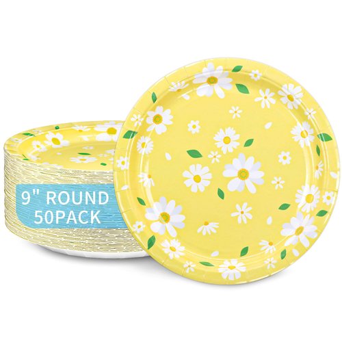 DYLIVeS Yellow Daisy Party Plates, Summer Daisy Paper Plates Disposable Daisy Dinner Dessert Plates for Girls Birthday Baby Shower Tea Party Wedding Spring Daisy Party Decorations, 9 Inch, 50 Pack