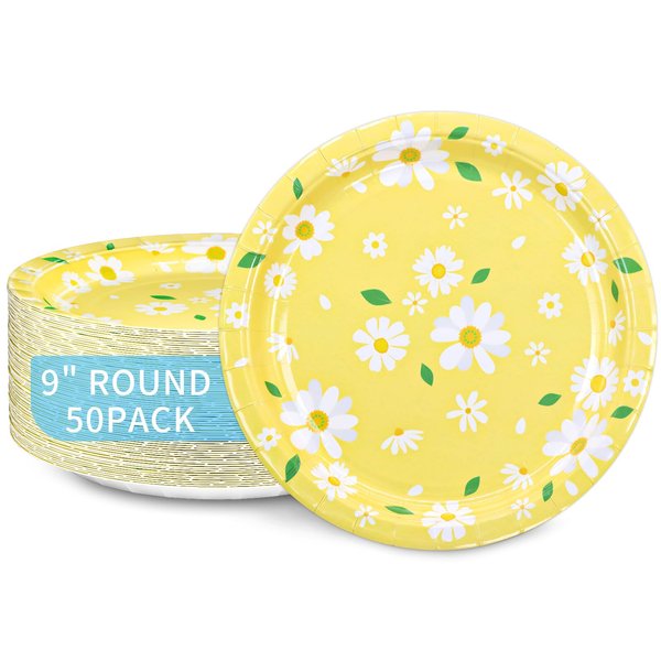 DYLIVeS Yellow Daisy Party Plates, Summer Daisy Paper Plates Disposable Daisy Dinner Dessert Plates for Girls Birthday Baby Shower Tea Party Wedding Spring Daisy Party Decorations, 9 Inch, 50 Pack