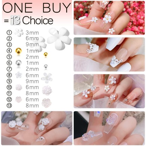 3D Flowers for Nails, 850pcs Nail Art Kit, Multi Design White/ Aurora Rose Nail Flower Charms, Crystal Nail Glitter Decals, Resin Flower Nail Decoration, 2 Sizes Golden Silver Beads for DIY Manicures