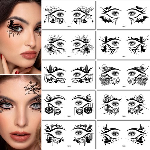 Halloween Face Sticker Black Pumpkin Face Tattoo Stickers Horrible Halloween Temporary Tattoos Stickers Spider Web Bat Face Art Sticker Design Makeup Party Body/Face/Eye Accessories for Children Adult