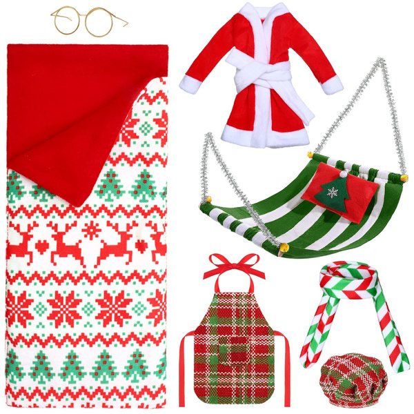 8 Pcs Christmas Elf Doll Accessories Set with Christmas Sleeping Bag, Bathrobe, Apron and Chef Hat, Scarf, Glasses, Christmas Elf Hammock Xmas Accessory for Doll Decorations (Deer Style)