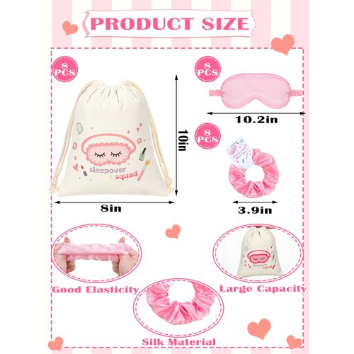 Bunnycool 24 Pcs Sleepover Party Supplies Birthday Party Favor with Satin Eye Mask Satin Hair Scrunchies(Pink)