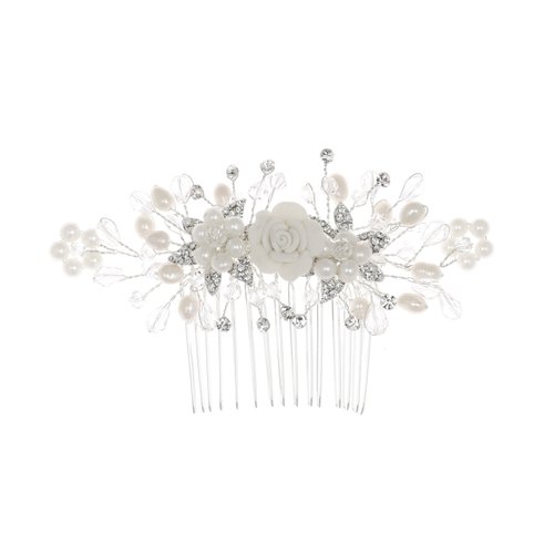 SAMKY Handmade Crystal Freshwater Pearl Flower Wedding Tiara Hair Comb T1084