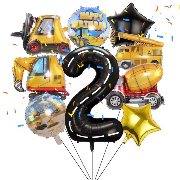 Construction 2nd Birthday Party Decorations, 9pcs Construction Birthday Number Foil Balloon for Construction Trucks 2nd Birthday Construction Theme Party Supplies (2nd)