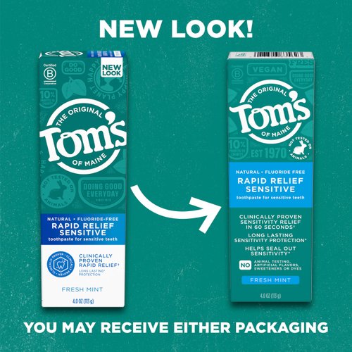 Tom's of Maine Fluoride-Free Rapid Relief Sensitive Toothpaste, Fresh Mint, 4 oz. (Packaging May Vary)