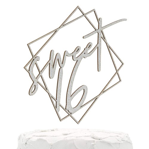NANASUKO 16th Birthday Cake Topper - Sweet 16 - with Modern Geometric Frame - Double Sided Silver Glitter - Premium Quality Made in USA