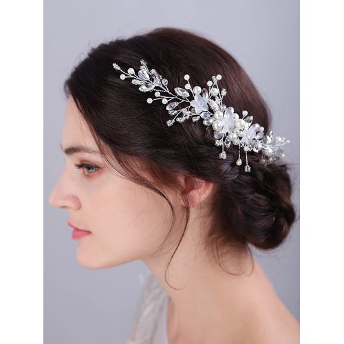 Teyglen Silver Flower Wedding Hair Comb Headband Bridal Pearl Crystal Hair Side Comb Handmade Rhinestone Hair Piece Flower Girl Headpiece Wedding Hair Accessories for Women Bride
