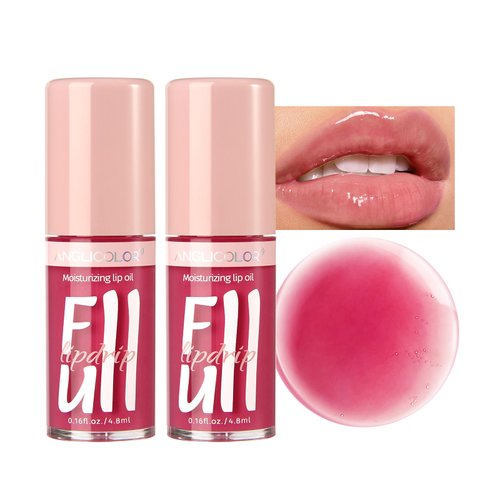 Anglicolor 2PC Lip Glow Oil Hydrating 6 Colors, Moisturizing & Nourishing Plumping Tinted Lip Gloss for Dry Lips, Vegan, Lip Plumper Gloss Make Lips Fuller (2PC#02, 7.6ml)