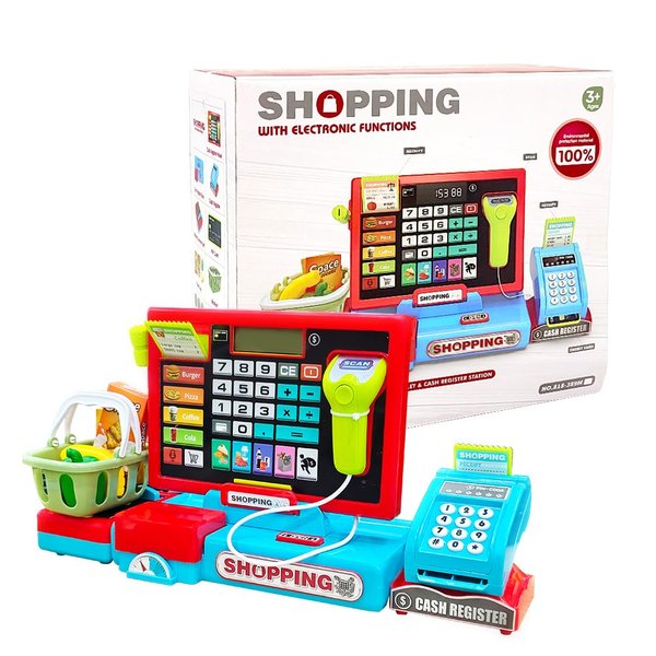 Kids Cash Register Toy Playset with Real Calculator, Checkout Scanner, Weighter, Credit Card, Play Money, Conveyor, Food Toys, Toddler Pretend Play Store, Grocery Shopping Toys for Kids