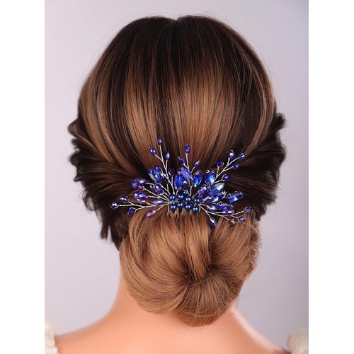 Teyglen Bridal Crystal Hair Comb Blue Rhinestone Pearl Wedding Hair Comb Hair Accessories for Bride Wedding Headpiece Boho Crystal Hair Piece for Women Girls (Blue)