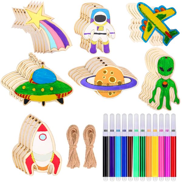 40Pcs Outer Space Crafts Unfinished Wooden Cutouts, Astronaut Rocket Planet Alien DIY Wood Painting, Space Theme Wooden Paint Craft Kit, DIY Wood Painting for Classroom,Home Birthday Party Decoration