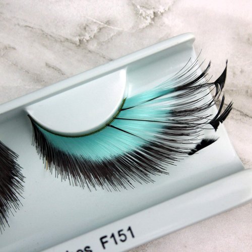 Elegant Lashes F151 Premium Aqua/Turquoise and Black Feather False Eyelashes Halloween Dance Rave Costume