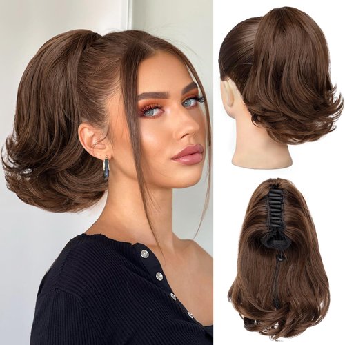 MONIXI Ponytail Extension, 10" Short Claw Clip on Pony Tails Hair Extensions for Women Synthetic Natural Wavy Drawstring Fake Ponytails Hairpieces Daily Use (Auburn Brown, 10 inch)