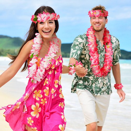 DOCILA 8 Pcs Pink Hawaiian Flower Leis Women Men Tropical Floral Leis Crown Hawaii Luaus Party Flower Garland Bracelet Set May Day Leis Headbands Summer Beach Graduation Party Favors Accessories