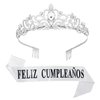 Feliz Cumpleaños Sash&Rhinestone Crystal Tiara,Spanish Happy Birthday banner, Mexican Party Decorations for Women.(Silver)