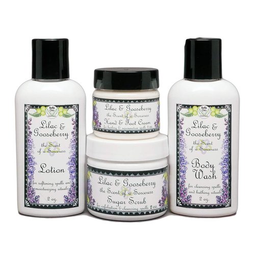 Lilac and Gooseberry Travel Trial Size Set | Lotion, Body Wash, Scrub, and Hand & Foot Cream | Travel Size 1-2 oz Products | Yennefer Perfume Scent of a Sorceress by Bella Des Natural Beauty