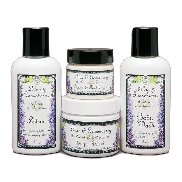 Lilac and Gooseberry Travel Trial Size Set | Lotion, Body Wash, Scrub, and Hand & Foot Cream | Travel Size 1-2 oz Products | Yennefer Perfume Scent of a Sorceress by Bella Des Natural Beauty