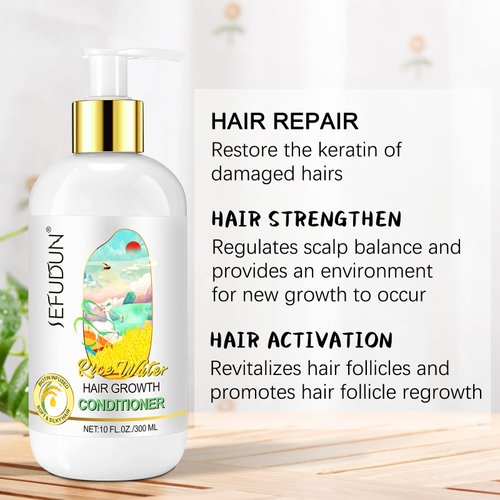 Rice Water Hair Growth Conditioner with Biotin 10 Fl Oz, Rice Water Hair Conditioner for Hair Growth, Improve Strength, Volume, and Shine, Softens & Moisturizes Dry, Frizzy, Damaged Hair.