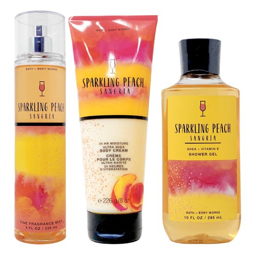 Bath & Body Works Sparkling Peach Sangria - Trio Gift Set- Fine Fragrance Mist, Body Cream and Shower Gel