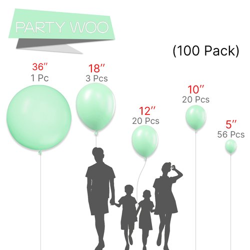 PartyWoo Mint Green Balloons, 100 pcs Mint Balloons Different Sizes Pack of 36 Inch 18 Inch 12 Inch 10 Inch 5 Inch Mint Balloons for Balloon Garland or Balloon Arch as Party Decorations, Green-Q06