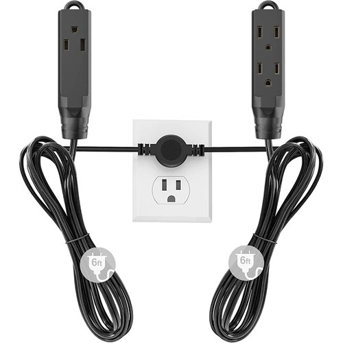 Extension Cord Indoor, Twin Extension Cord Power Bar - 12 Feet Cord - 6 Feet On Each Side with 6 Polarized Outlets, 16AWG 3 Prong Grounded Wire