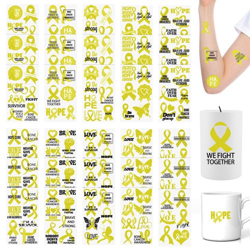 WANDIC 30 Sheets Bone Cancer Awareness Temporary Tattoos, Yellow Ribbon Awareness Tattoo Sticker Cancer Survivor Decals for Charity Event Decoration