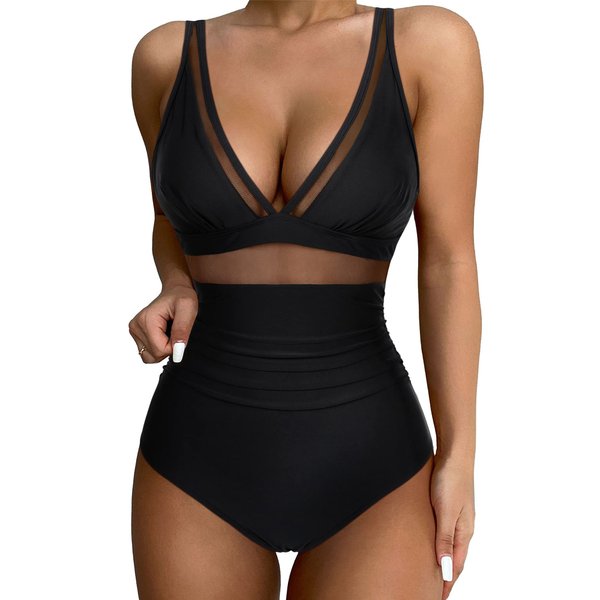 SUUKSESS Women Slimming Tummy Control One Piece Swimsuits Sexy Mesh High Waisted Monokini Bathing Suits (Black, M)