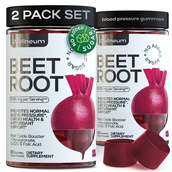 Beets for High Blood Pressure 5000 Mg - Beet Root Gummies with Pomegranate Juice Powder - Beet Chews for Cardio Health and Energy - Nitric Oxide Supplement Gummies for Men and Women - No GMO - 120 pcs
