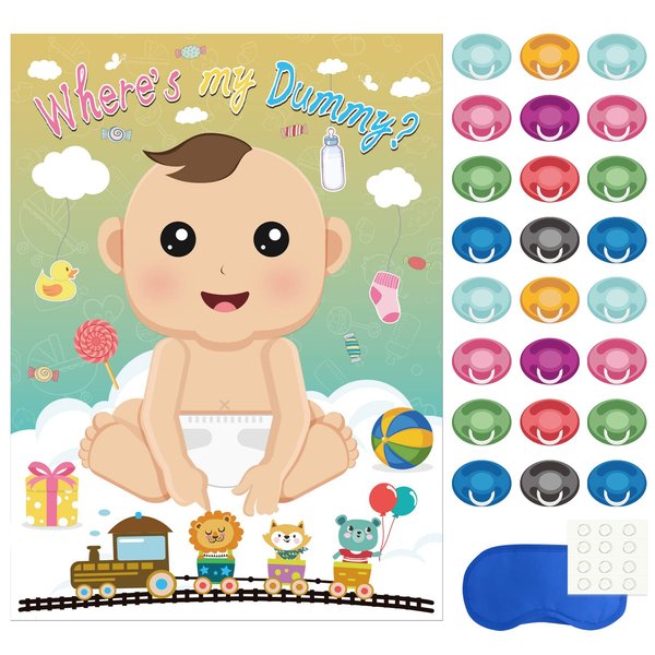 FEPITO Baby Shower Party Games,Juegos para Baby Shower,Pin The Dummy on The Baby Game with 24Pcs Pacifier Stickers for Baby Shower Party Supplies