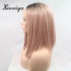 xiweiya Short Rose Gold Straight Cut Bob Lace Front Wigs with Dark Root Middle Part Short Pink Bob Short Soft Wig Heat Resistant Fiber Hair Replacement Wig Women Drag Queen Makeup 14inch