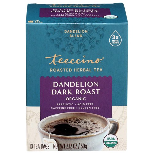 Teeccino Dandelion Dark Roast Tea - Caffeine Free, Organic, Roasted Herbal Tea with Prebiotics, 3x More Herbs than Regular Tea Bags - Gluten-Free, Acid-Free Coffee Alternative - 10 Tea Bags